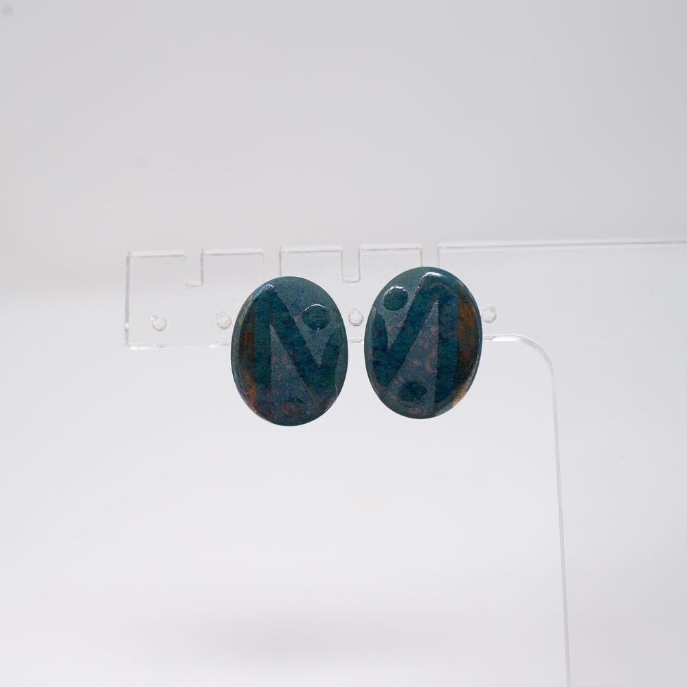 Blue oval artisan post earrings boho sculptural stud pierced